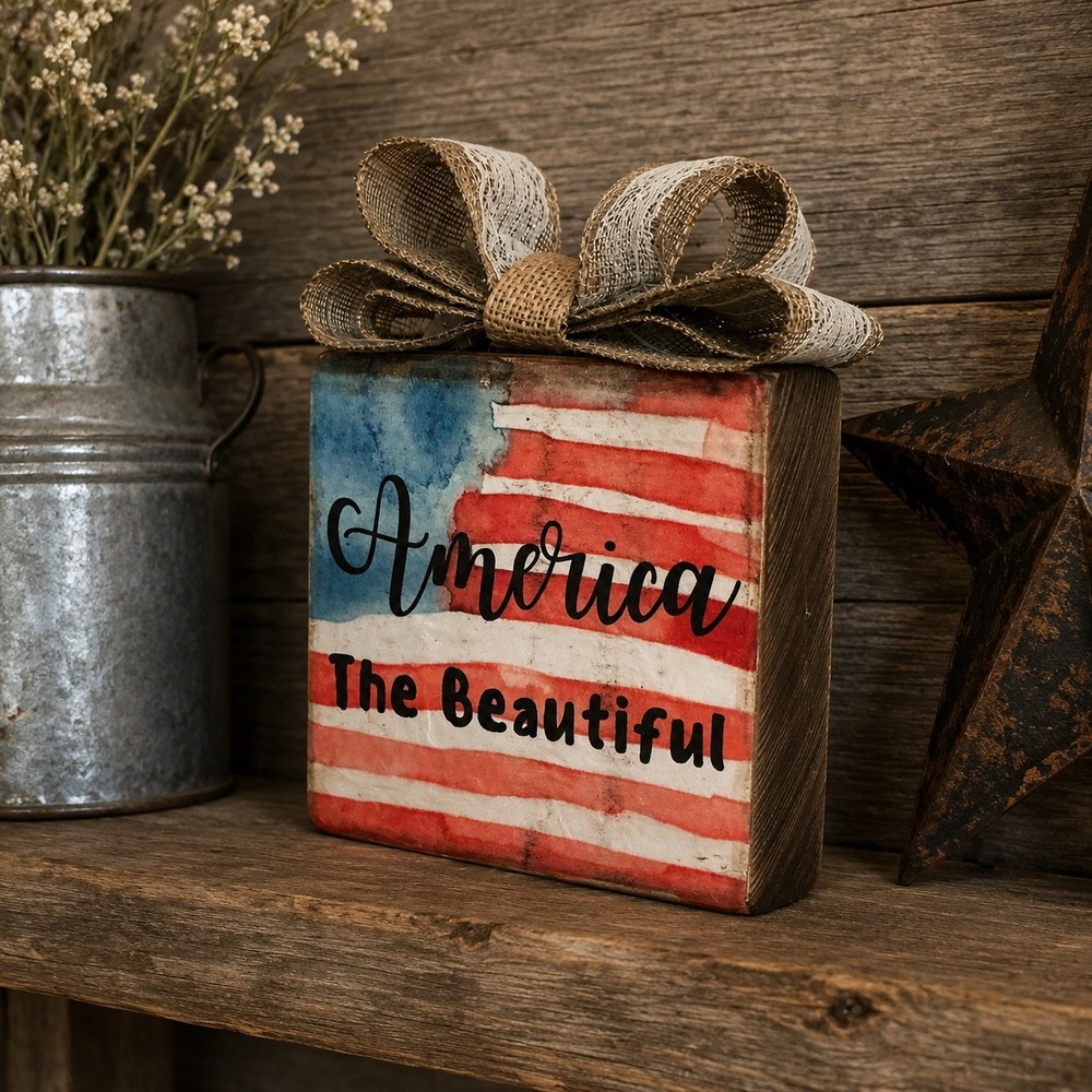 Basket Case Designs LLC America The Beautiful Wood Block Sign Rustic Flag Bow